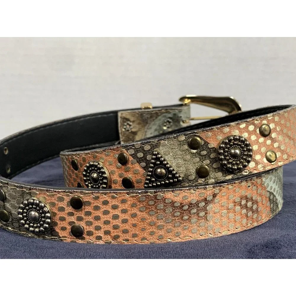 Vintage Elite Womens Belt Large Metallic‎ Medallion Gold Buckle Retro 80s 90s